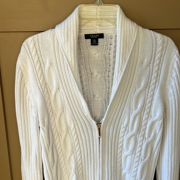 Chaps XL100% Cotton White Zipper Front Fisherman Chunky Cable Knit Sweater Shawl - Picture 2 of 7